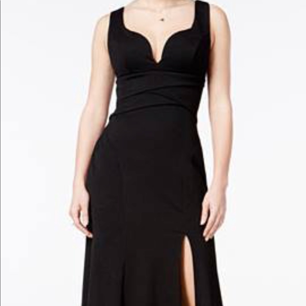 Black floor length dress with high side slit